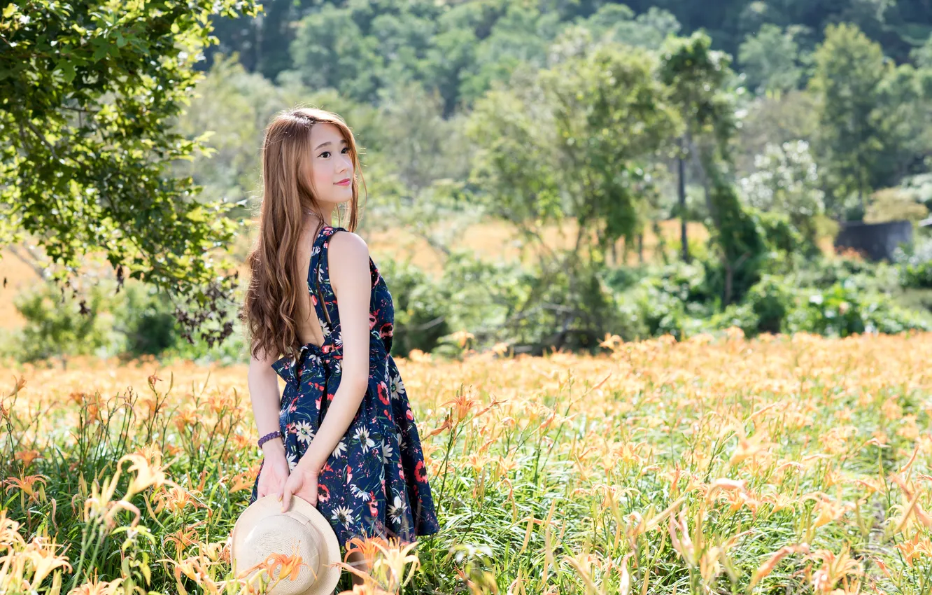 Photo wallpaper summer, nature, face, background, hair, dress, hat, walk