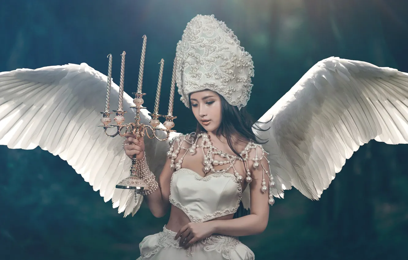 Photo wallpaper girl, style, background, wings, angel, candles, bracelet, Asian