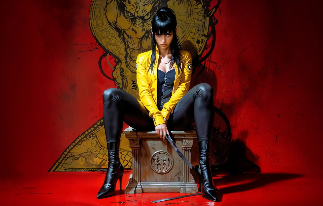 Photo wallpaper Girl, Dragon, Katana, Red Background, Warrior Throne