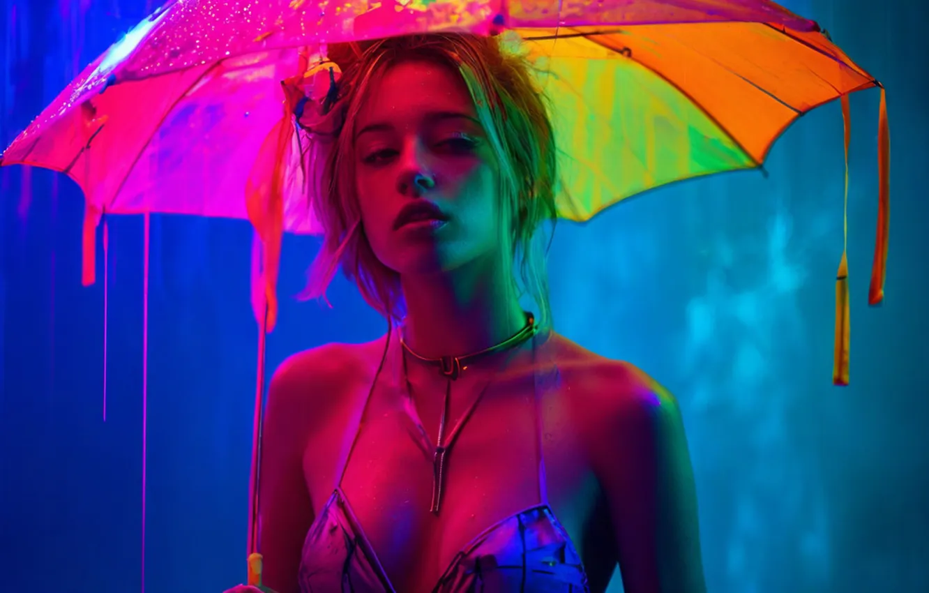 Photo wallpaper colors, girl, rain, umbrella, drops