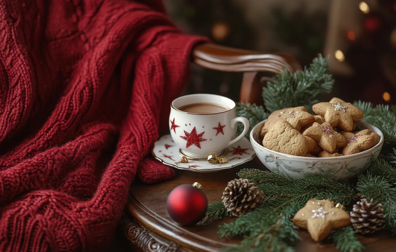 Photo wallpaper branches, comfort, table, new year, coffee, chair, cookies, Christmas