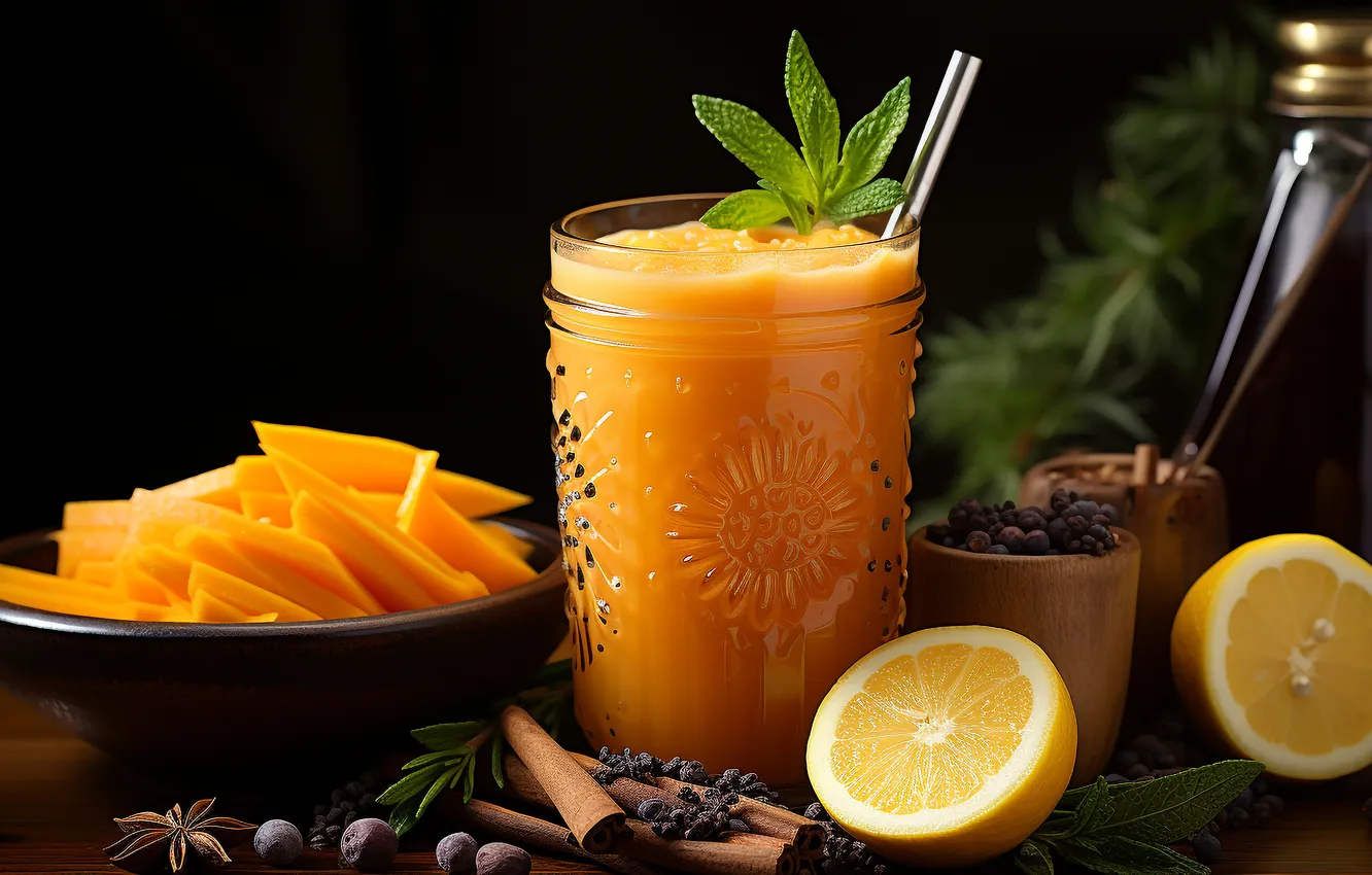 Photo wallpaper glass, orange, juice, AI art, neural network