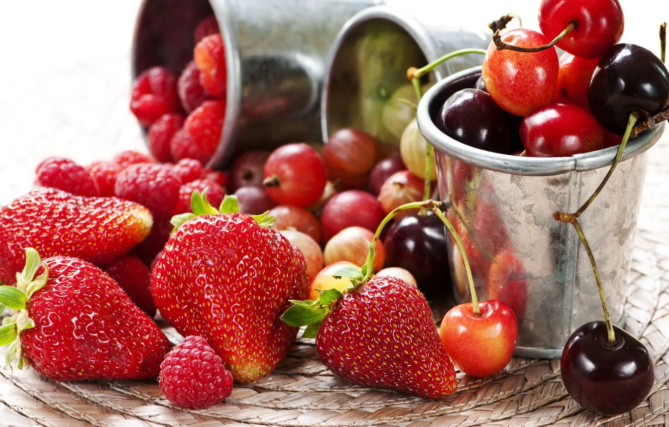 Photo wallpaper berries, raspberry, strawberry, gooseberry, cherry
