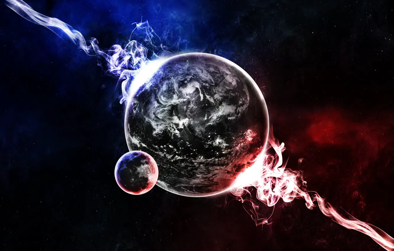 Photo wallpaper space, smoke, planet, satellite