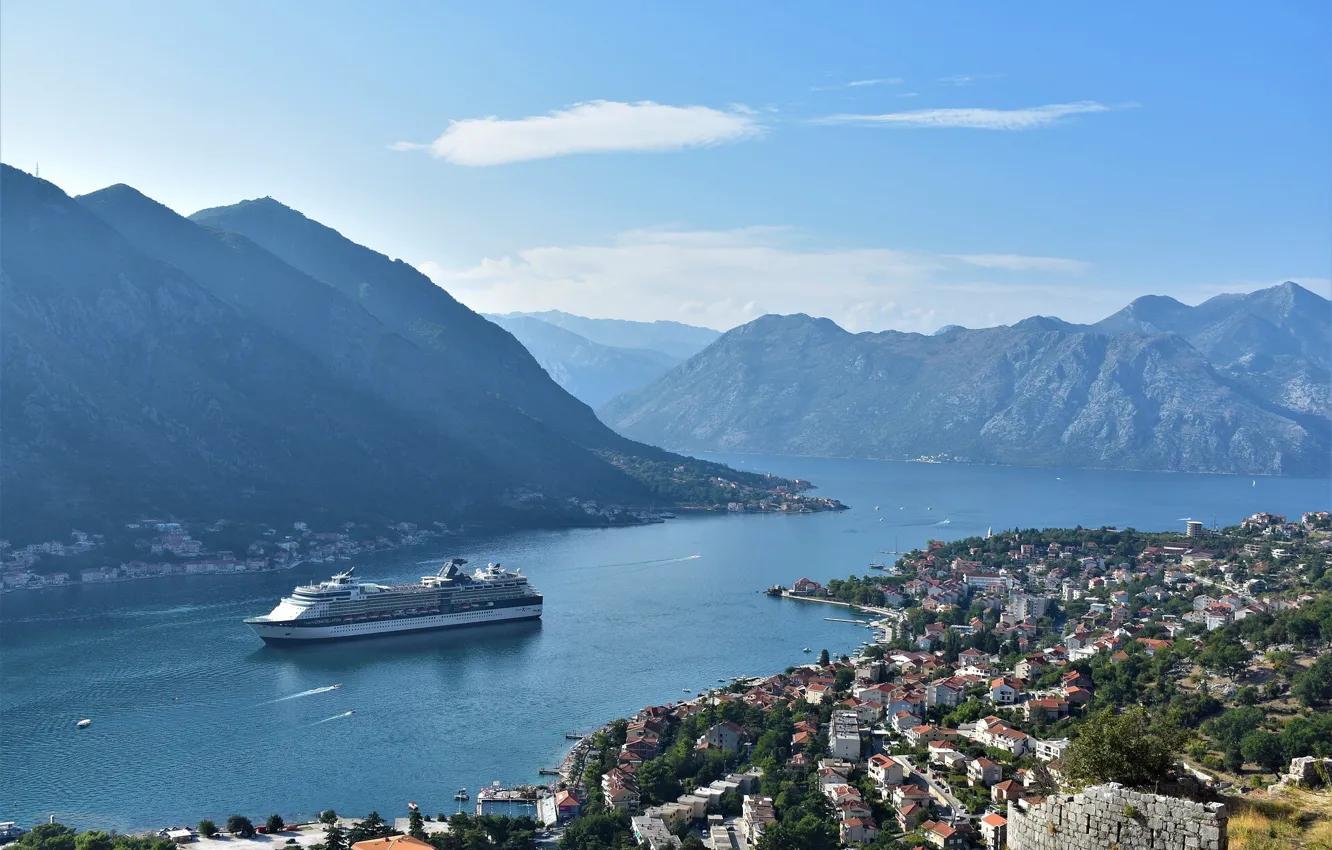 Photo wallpaper sea, mountains, liner, Montenegro, To