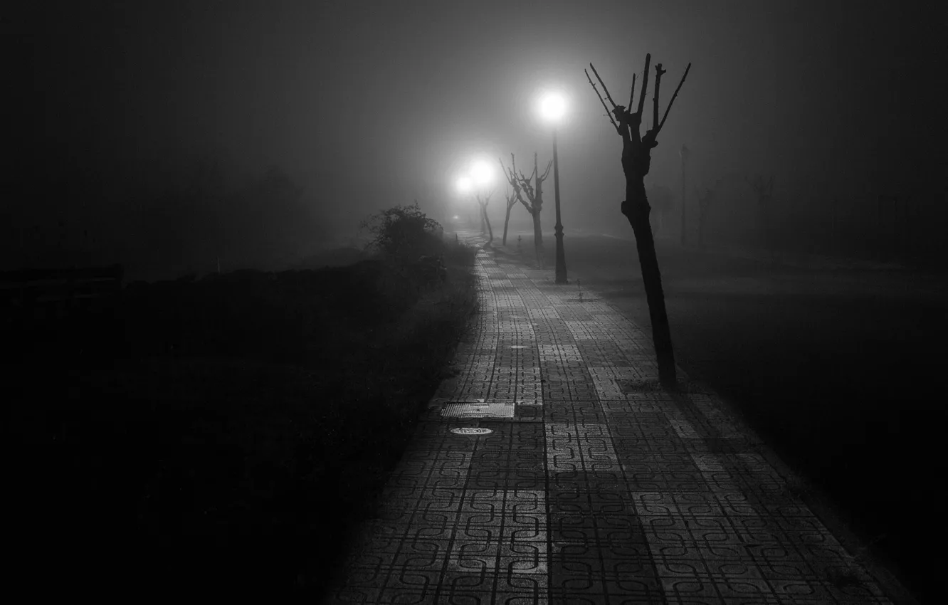 Photo wallpaper road, light, night, fog, posts, depression, the sidewalk, Melancholy