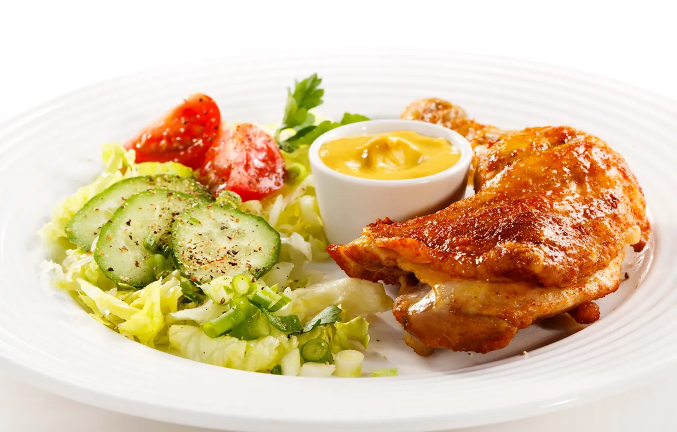 Photo wallpaper food, chicken, plate, cucumbers, salad, products, baked, meat