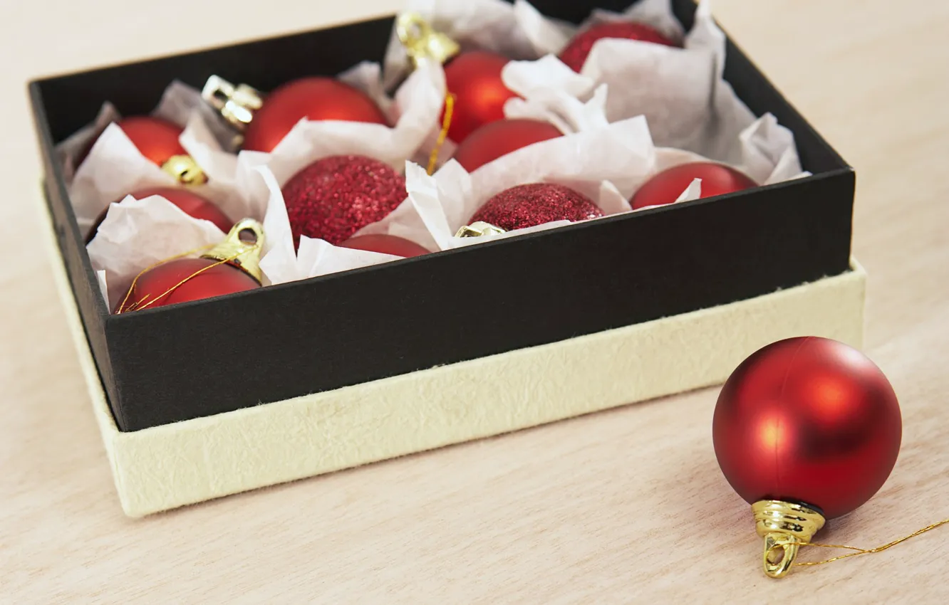 Photo wallpaper red, holiday, box, new year, new year, holiday, Christmas balls