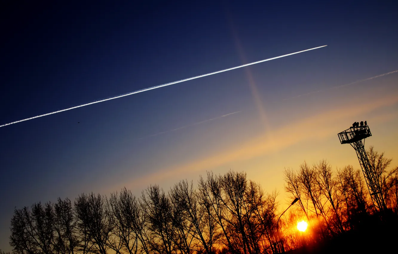 Photo wallpaper the sky, the sun, landscape, sunset, blue, the plane