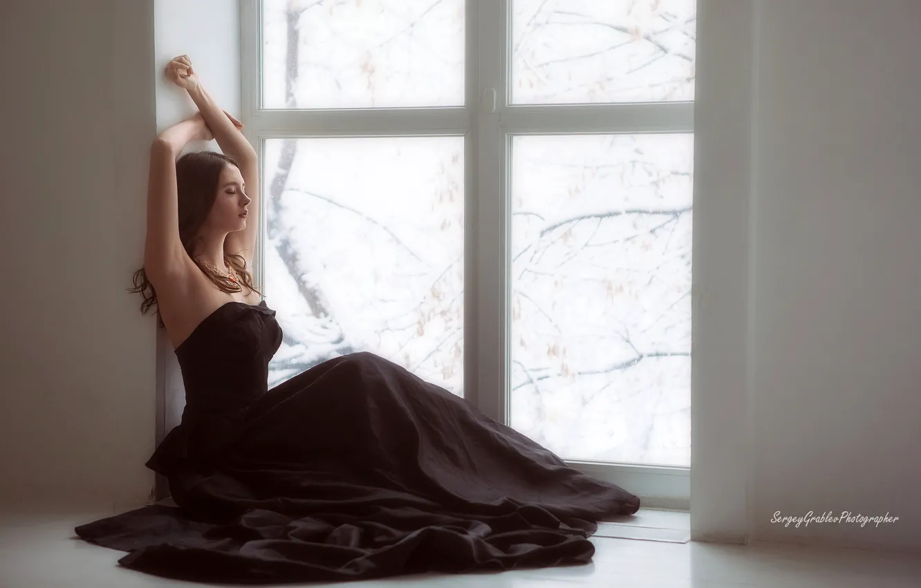 Photo wallpaper pose, model, portrait, makeup, dress, hairstyle, brown hair, sitting