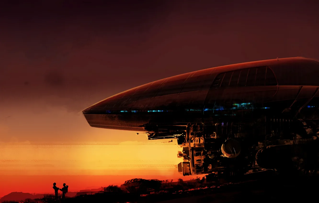 Photo wallpaper people, planet, structure at sunset