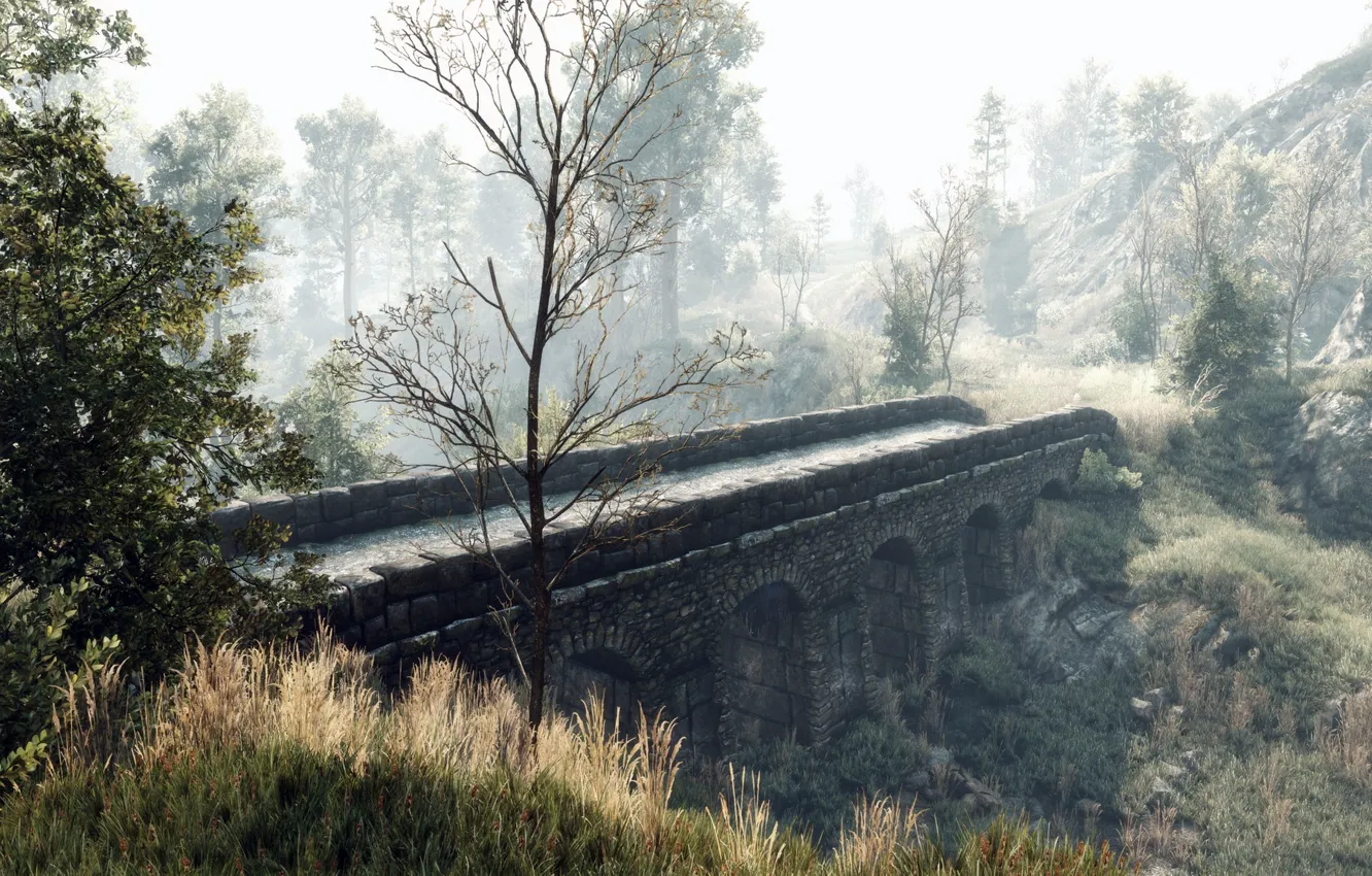 Photo wallpaper mountains, bridge, nature, The Witcher 3, The Witcher 3