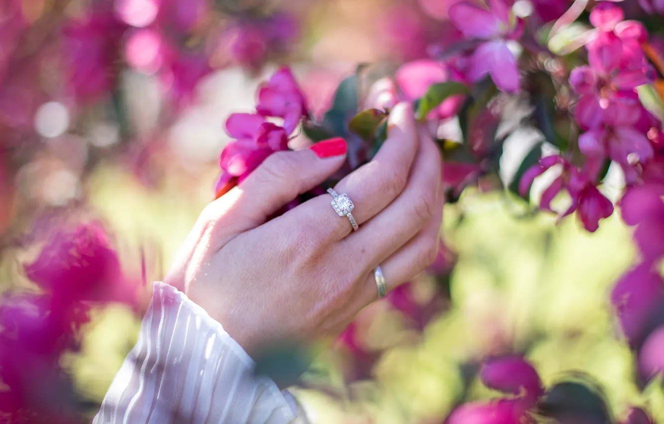 Photo wallpaper leaves, light, flowers, branches, mood, woman, blur, spring