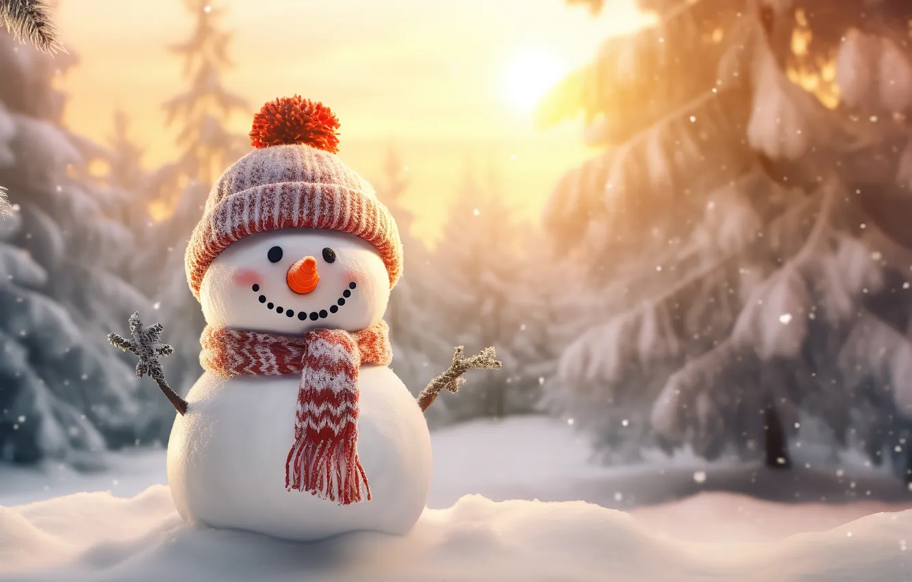 Photo wallpaper winter, snow, new year, Christmas, snowman, Christmas, winter, snow