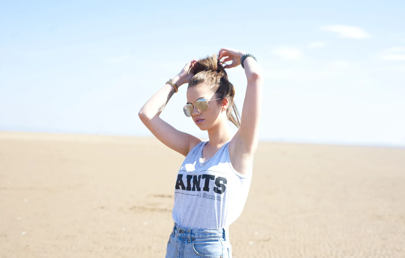 Photo wallpaper girl, desert, woman, model, sand, tattoo, saints, female
