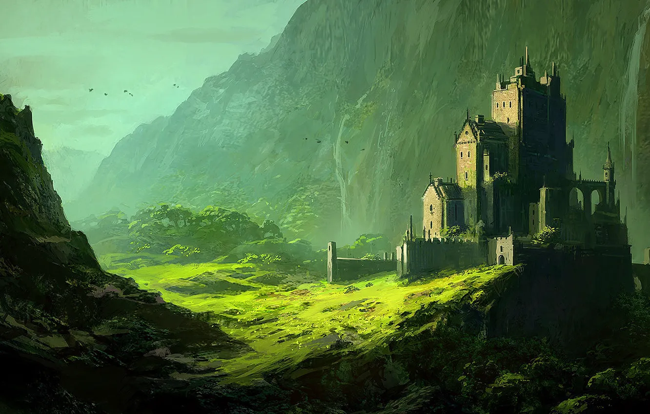 Photo wallpaper fantasy, trees, landscape, mountains, birds, waterfall, castle, digital art