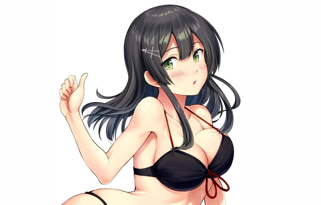 Photo wallpaper girl, sexy, cleavage, green eyes, long hair, boobs, anime, beautiful