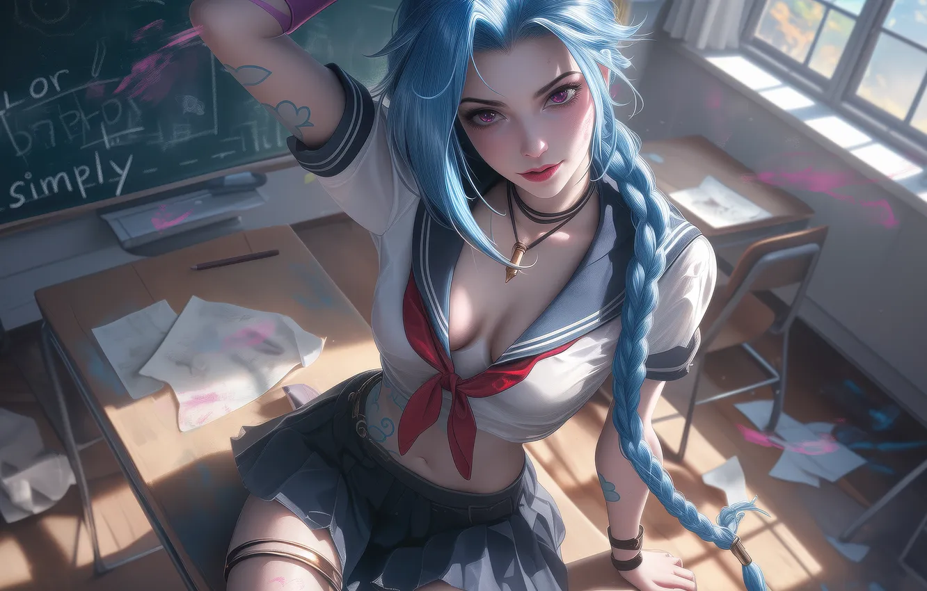 Photo wallpaper anime, bench, laying, class, Schoolgirl