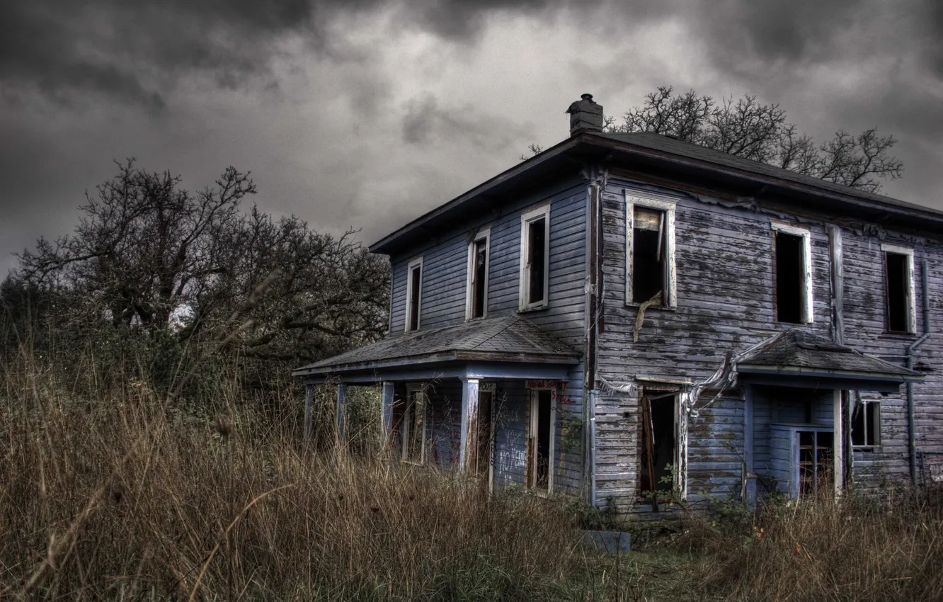 Photo wallpaper autumn, grass, building, home, devastation, desolation