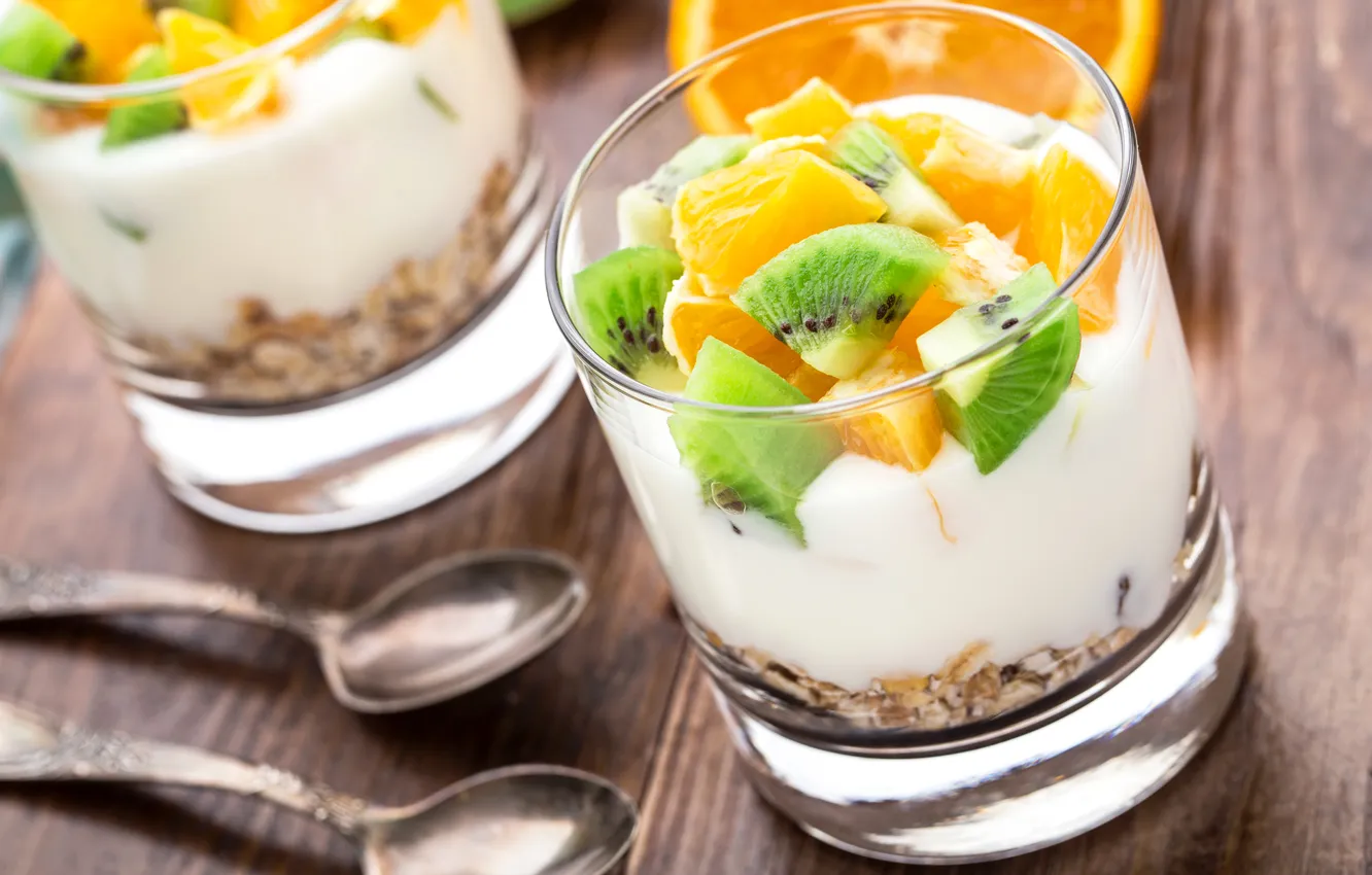 Photo wallpaper orange, kiwi, fruit, dessert, fruit, orange, dessert, muesli