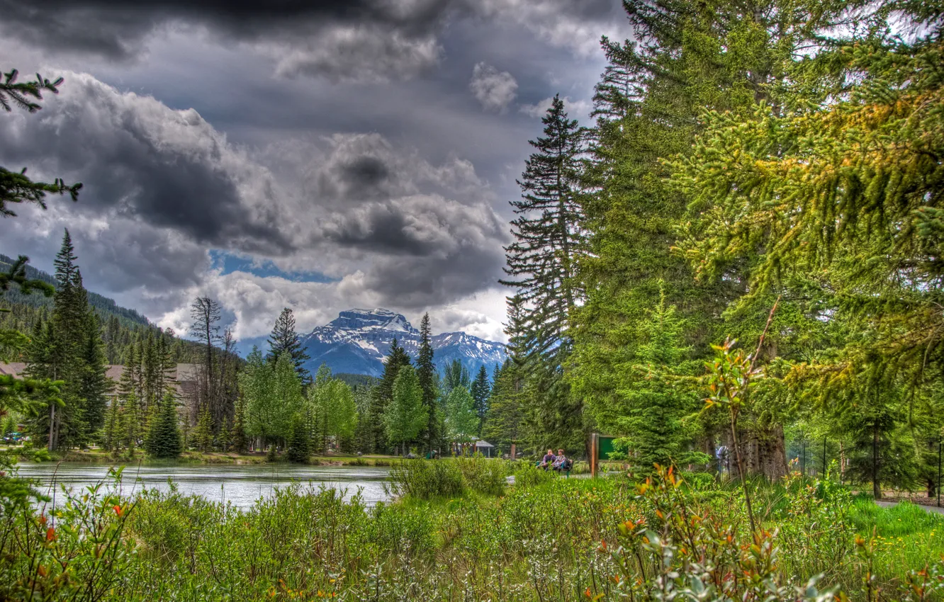 Photo wallpaper the sky, clouds, trees, flowers, mountains, lake, Park, people
