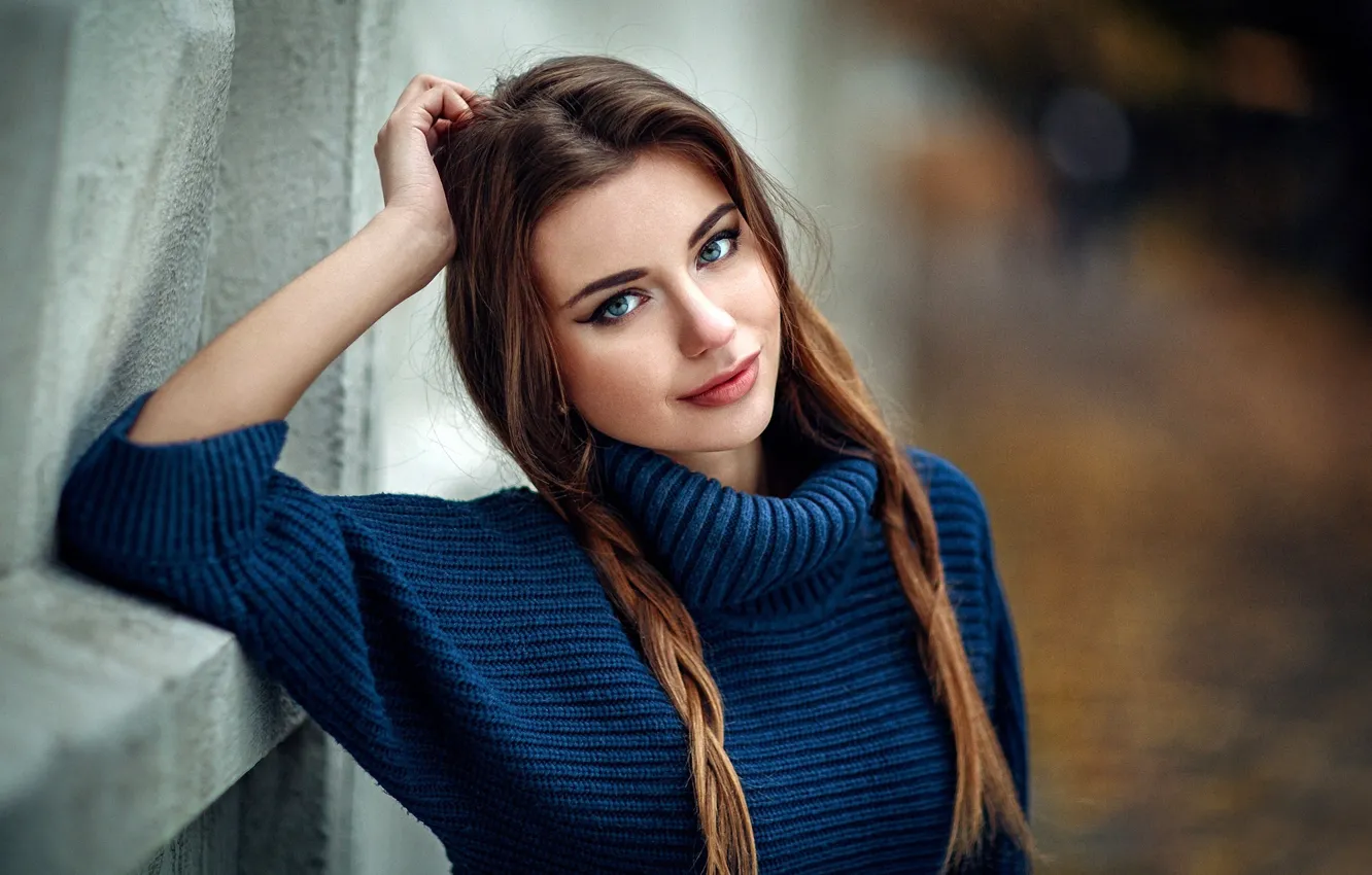 Photo wallpaper look, pose, smile, model, portrait, makeup, hairstyle, braids