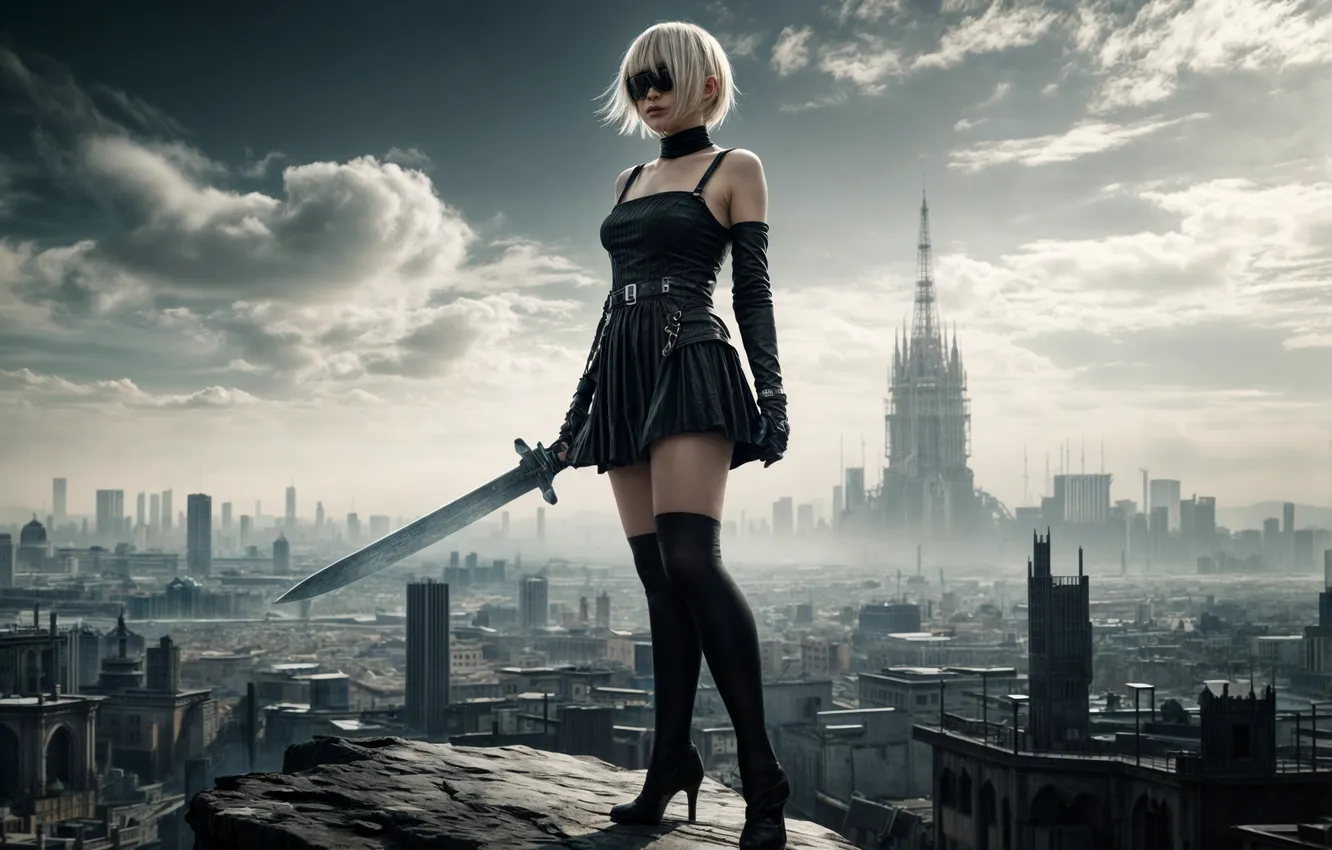 Photo wallpaper girl, the city, sword, YoRHa No.2 Type B, the image is generated by AI