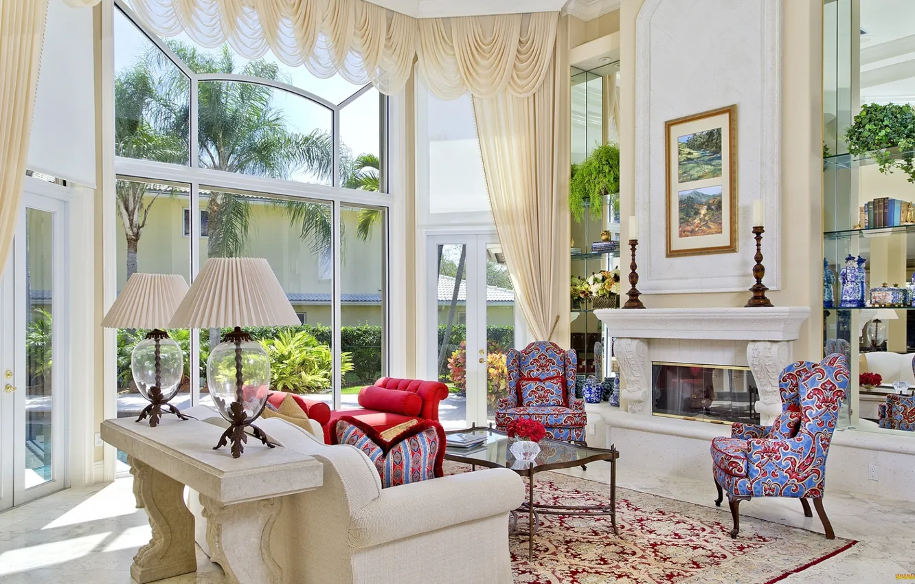 Photo wallpaper design, style, Villa, interior, pool, fireplace, upholstered furniture, living room with access to the terrace