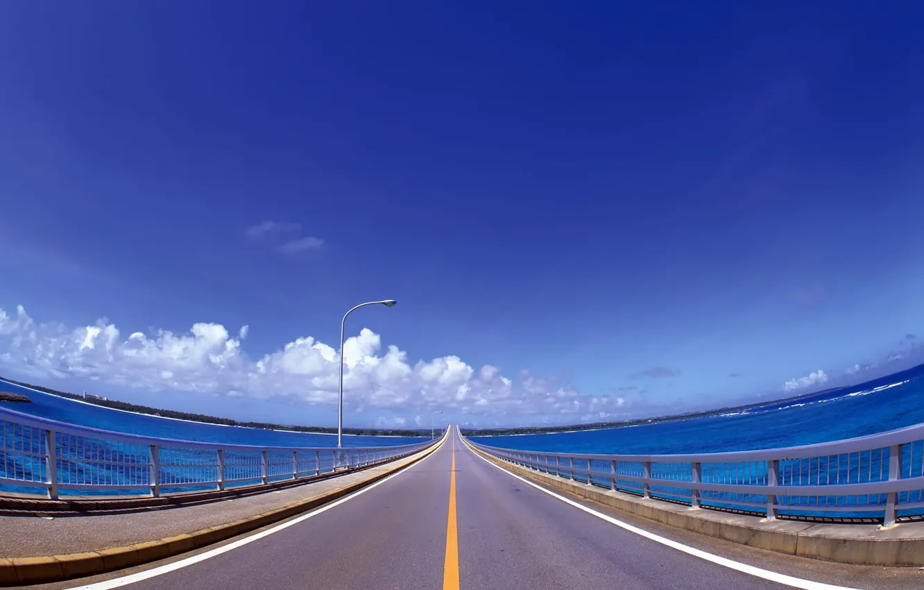 Photo wallpaper road, clouds, bridge, markup, blue, line, lantern, railings