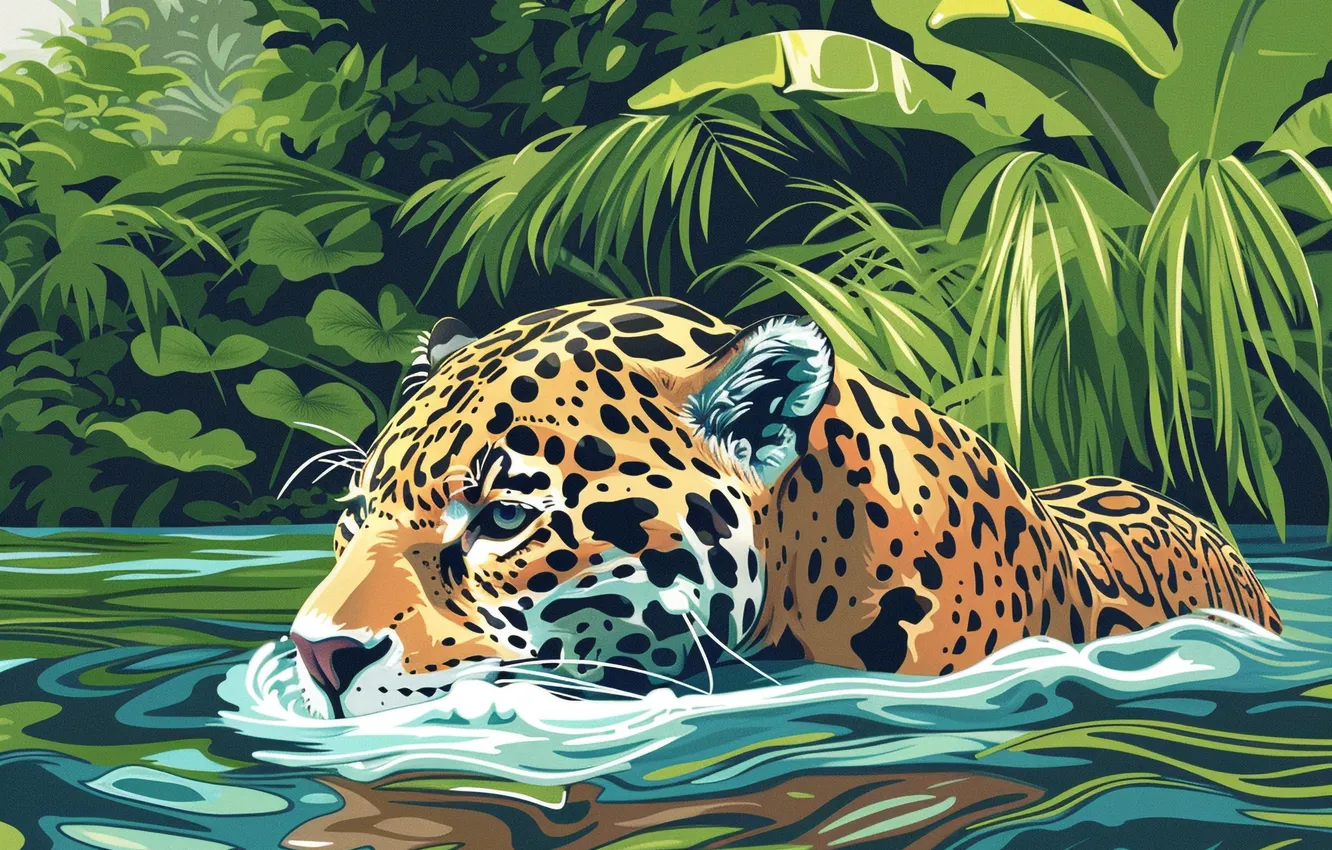 Photo wallpaper grass, water, predator, jungle, art, Jaguar, river, big cat