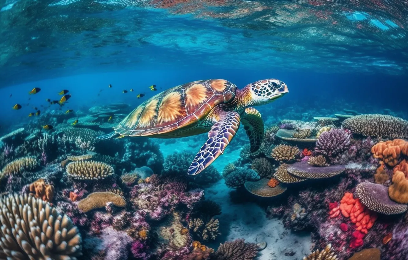 Photo wallpaper sea, the ocean, turtle, underwater world, sea turtle, sea turtles, AI art, neural network