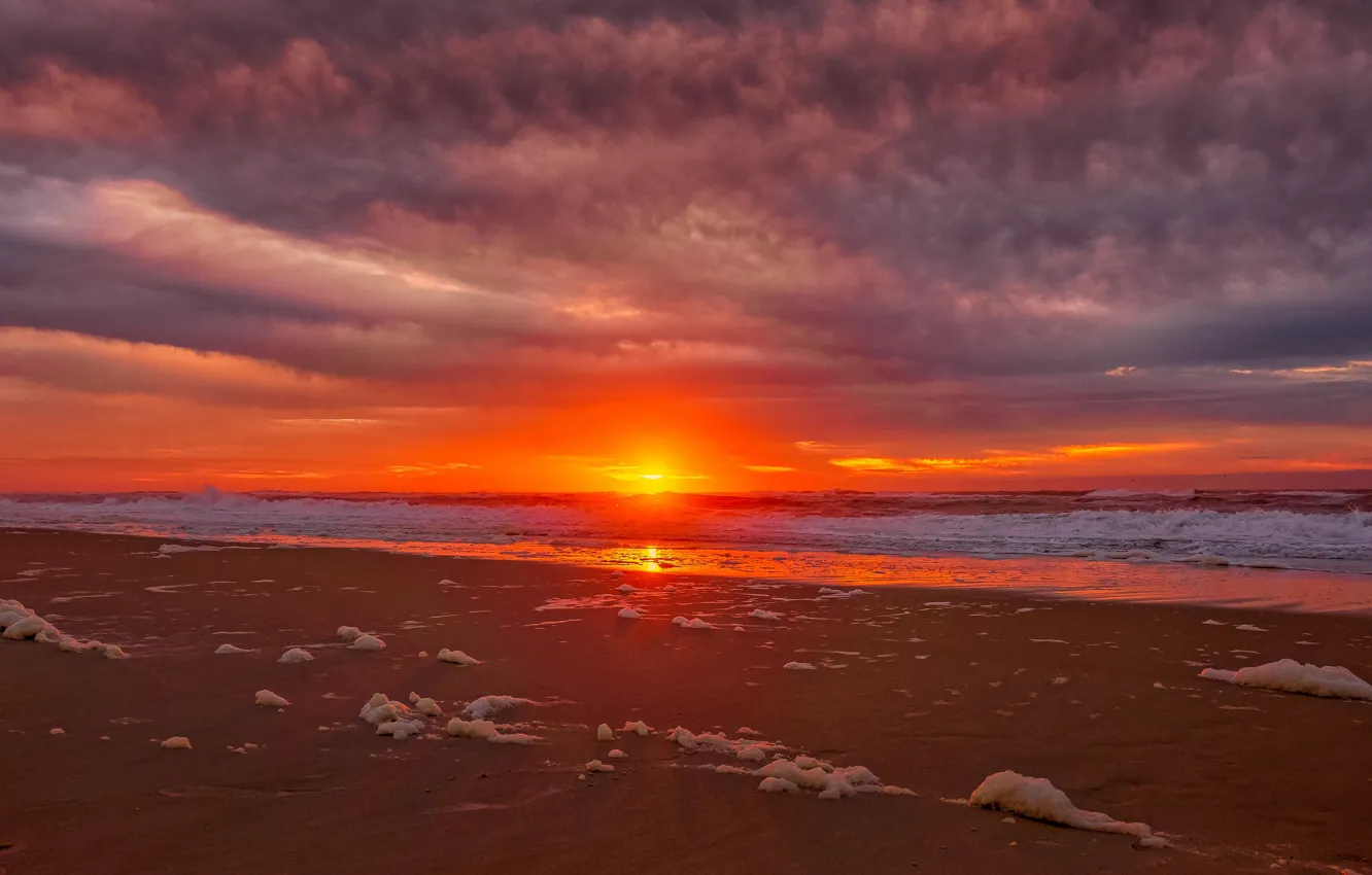 Photo wallpaper sand, sea, wave, beach, foam, the sun, clouds, sunset