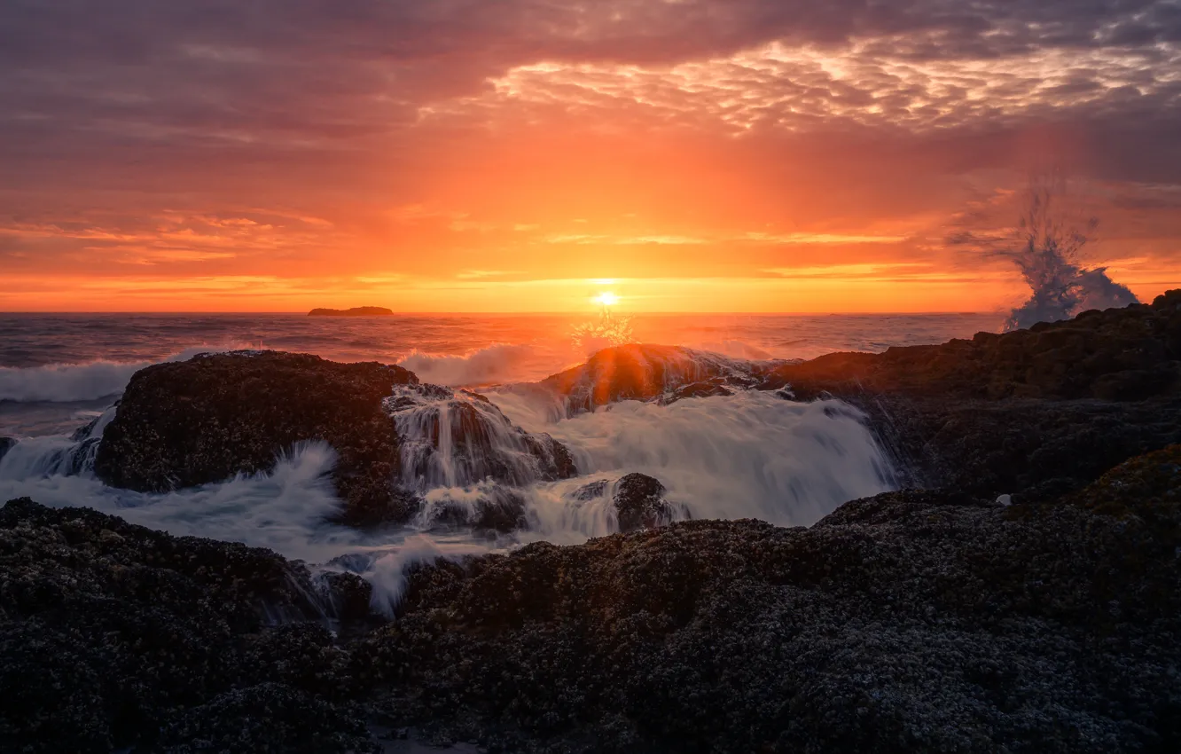 Photo wallpaper sea, wave, the sky, the sun, clouds, light, sunset, stones