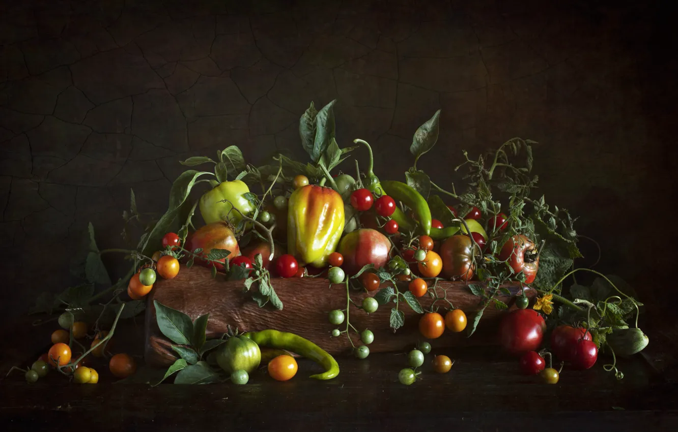 Photo wallpaper leaves, light, yellow, red, the dark background, table, Board, harvest