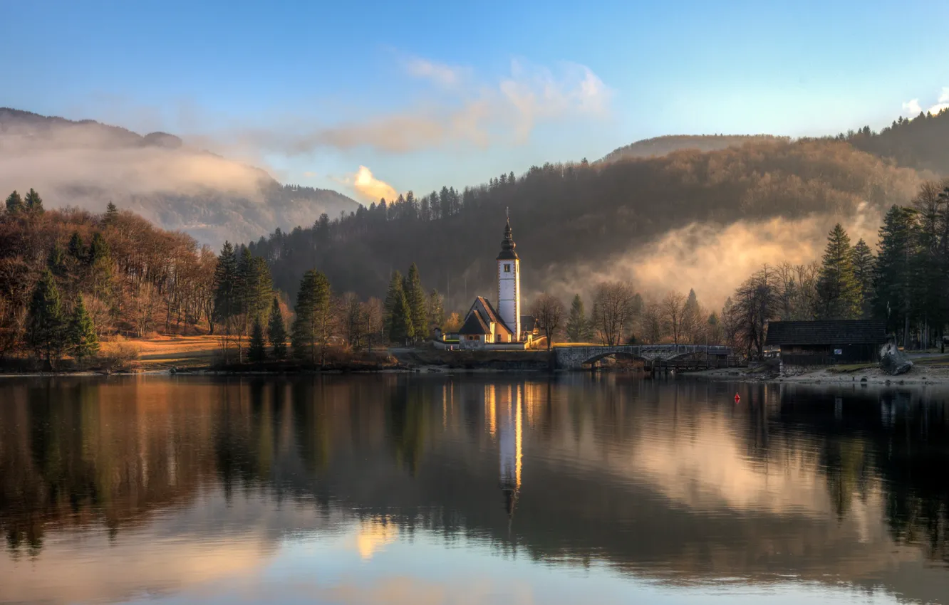 Photo wallpaper winter, clouds, landscape, bridge, nature, fog, lake, reflection