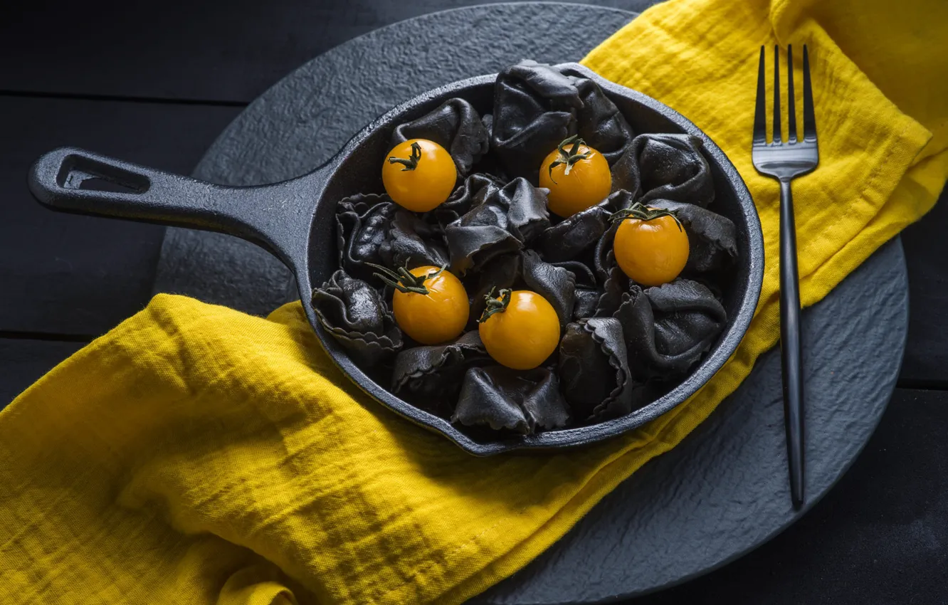 Photo wallpaper yellow, the dark background, table, black, stylish, food, towel, plug