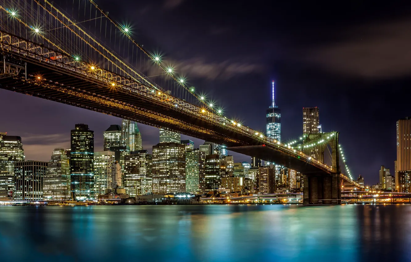 Photo wallpaper bridge, the city, lights, river, New York, the evening, USA