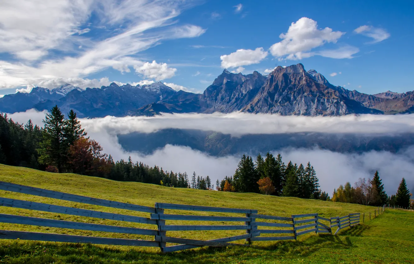 Photo wallpaper clouds, mountains, the fence, Switzerland, Alps, meadow, Switzerland, Alps