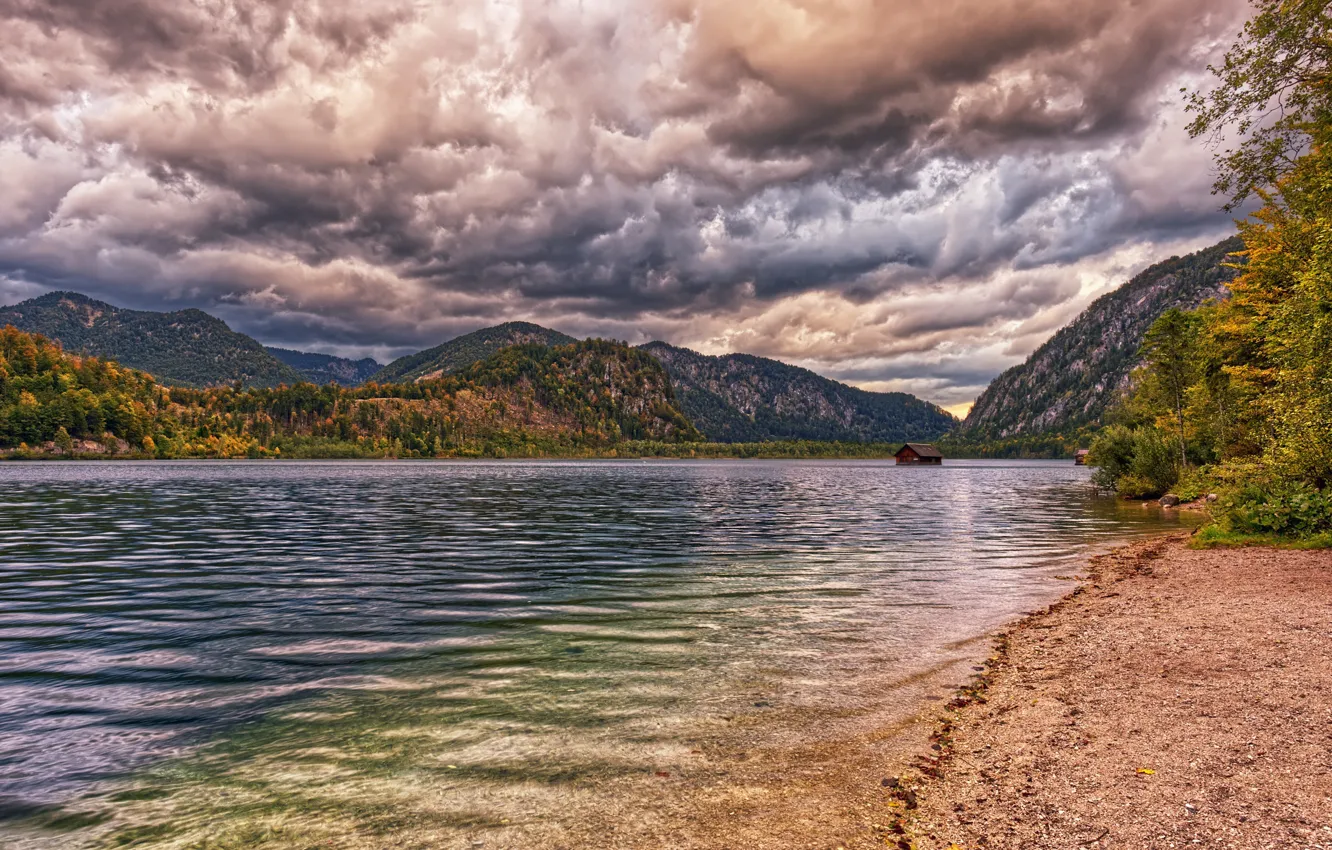 Photo wallpaper photo, HDR, Nature, Clouds, Mountains, Autumn, Lake, Austria
