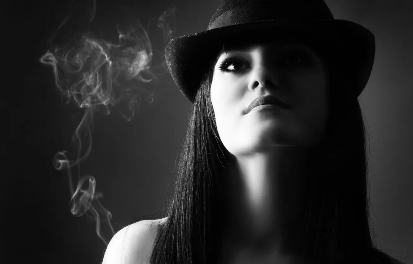 Photo wallpaper girl, smoke, brunette, black and white
