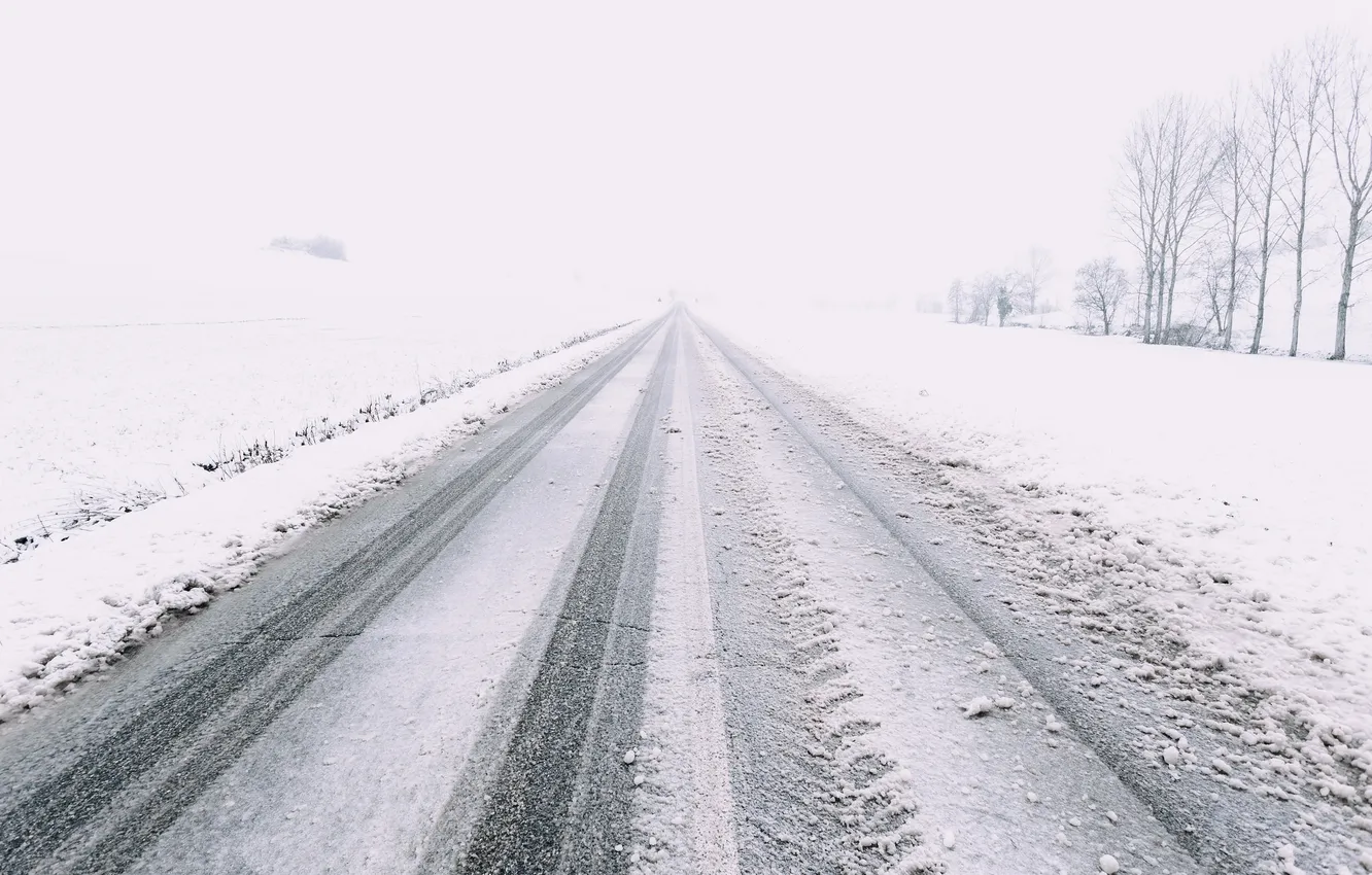 Photo wallpaper winter, road, fog