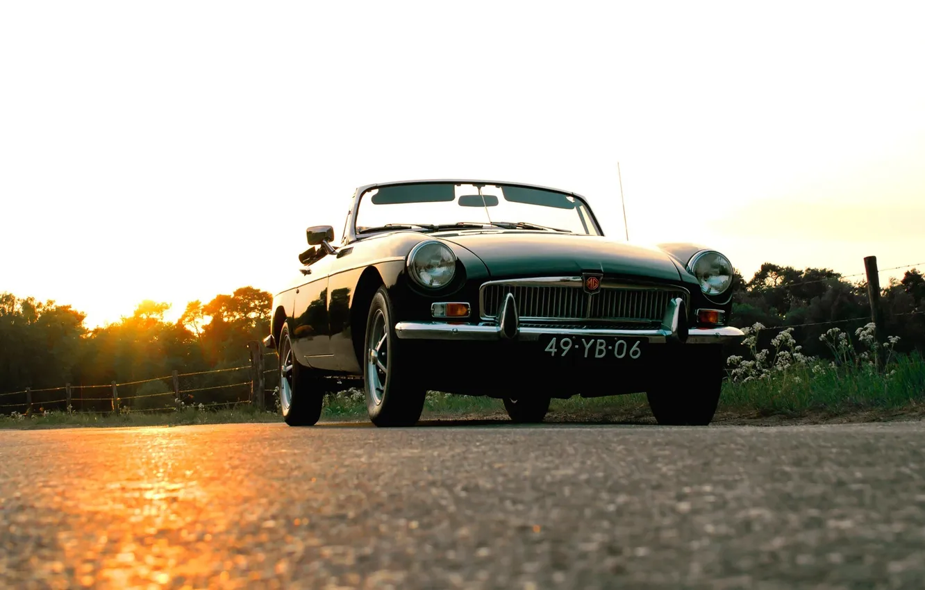 Photo wallpaper road, machine, grass, the fence, the evening, convertible, car, sun sunset