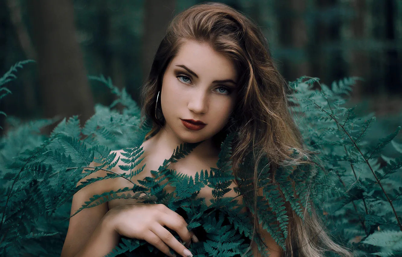 Photo wallpaper look, girl, face, fern, long hair