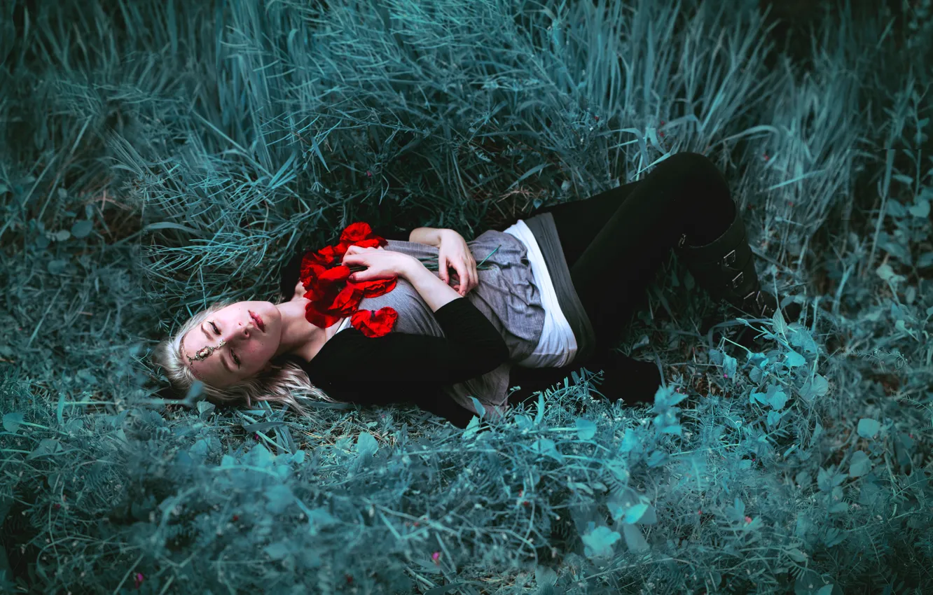 Photo wallpaper field, girl, flowers, Maki