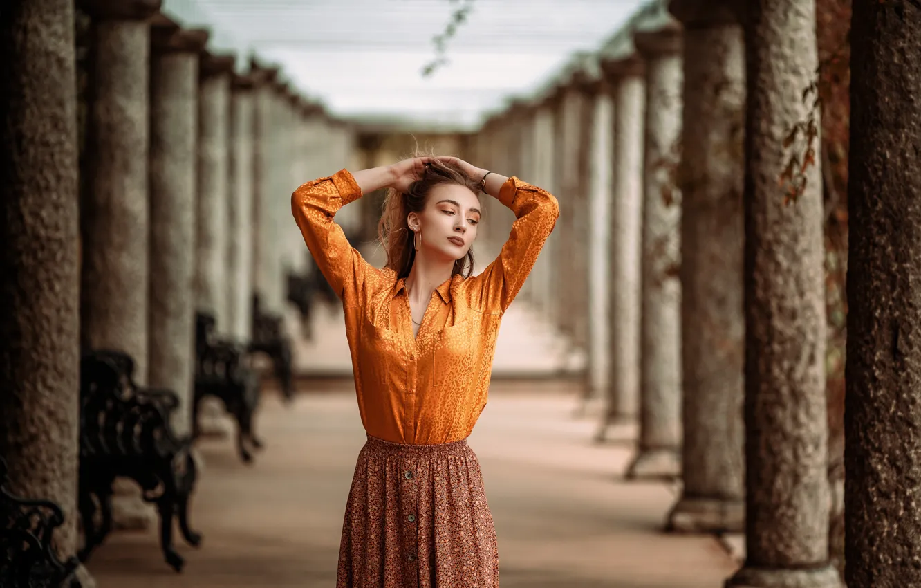 Photo wallpaper girl, pose, skirt, hands, columns, blouse