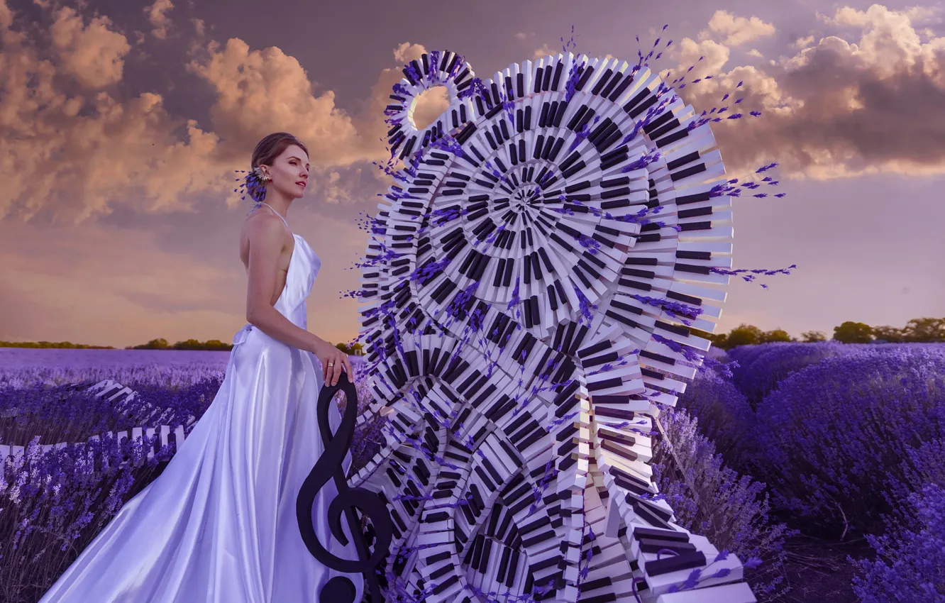Photo wallpaper summer, girl, nature, style, music, keys, white dress, lavender
