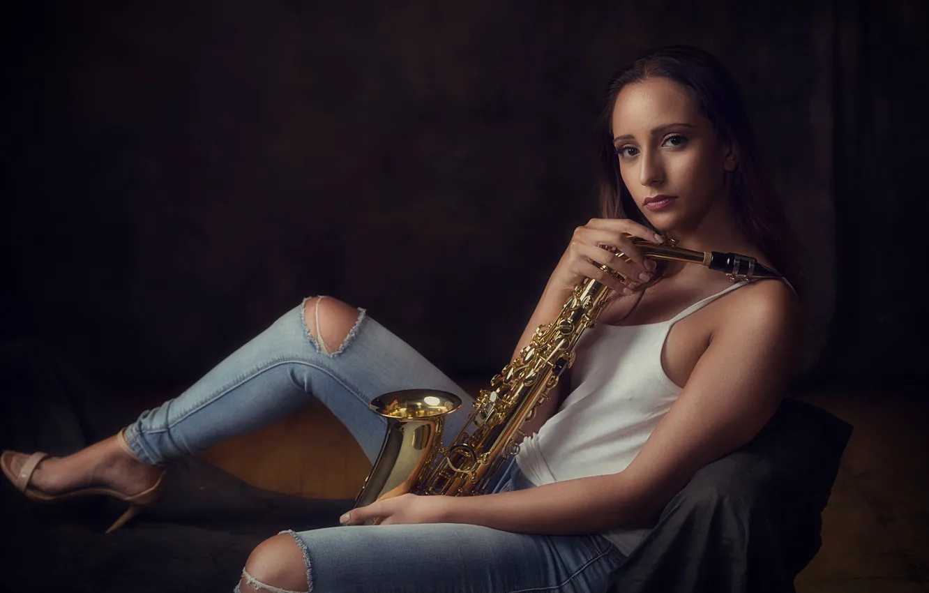 Photo wallpaper girl, music, saxophone