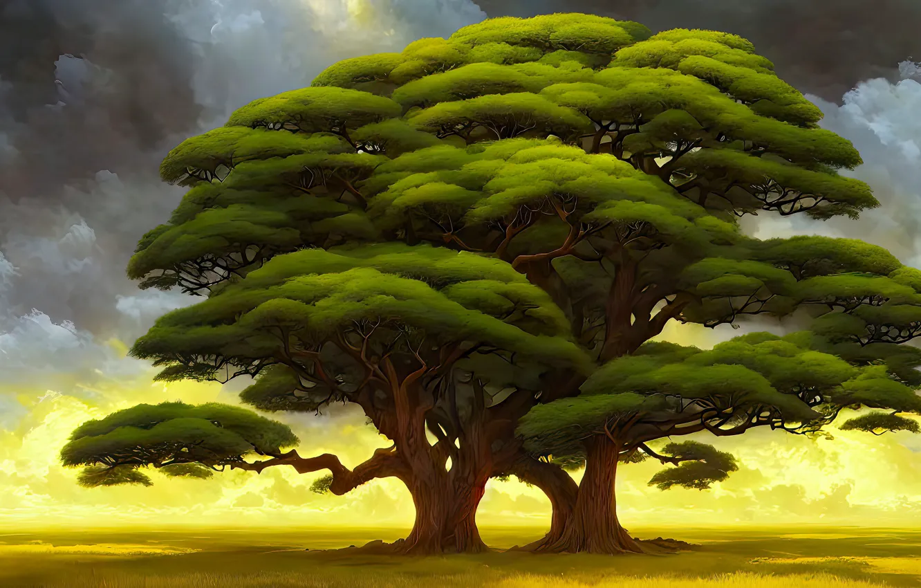 Photo wallpaper field, trees, branch, crown, AI art, The Art of Artificial Intelligence, neural network