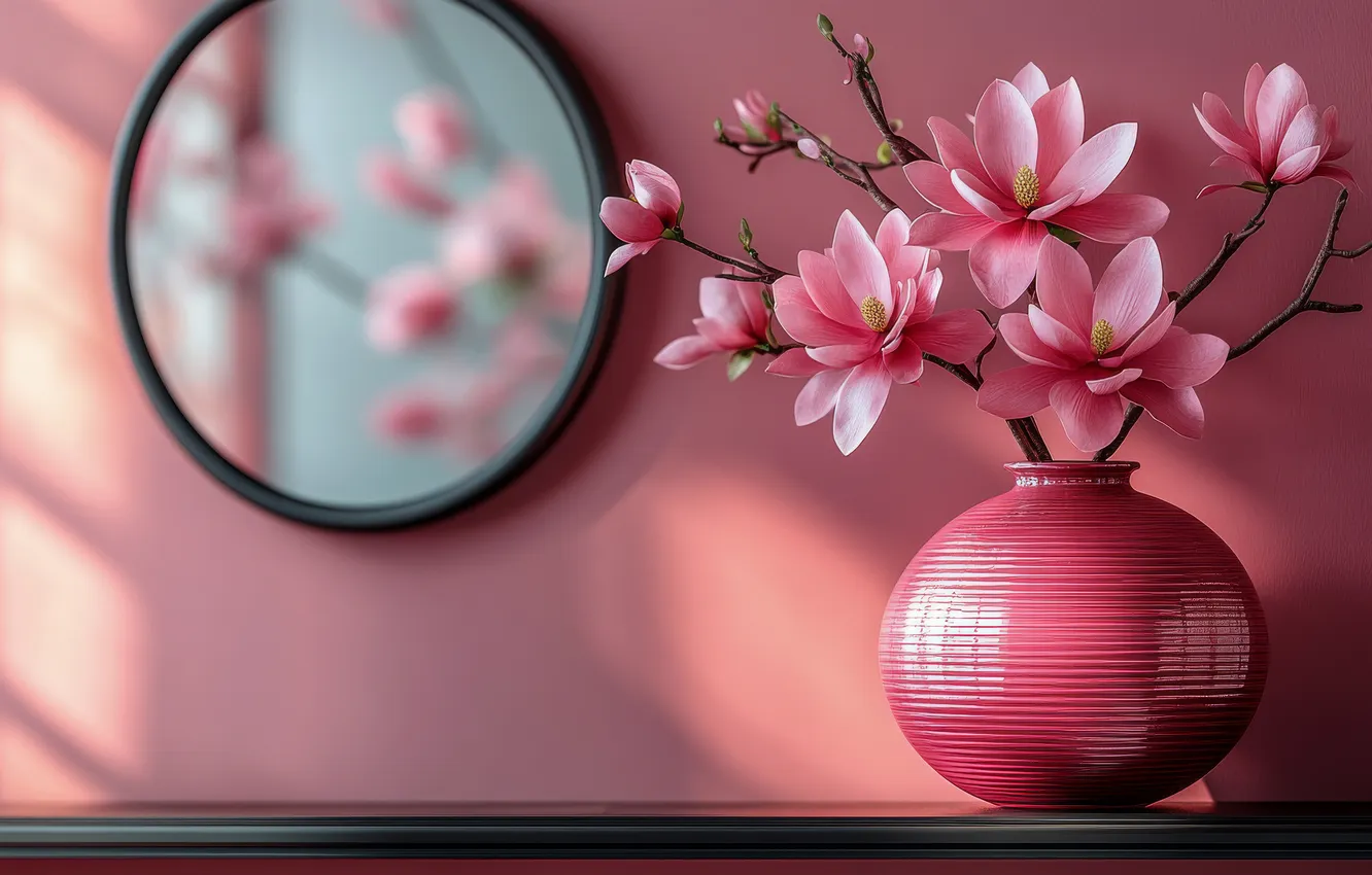 Photo wallpaper light, flowers, branches, glare, reflection, room, wall, bouquet