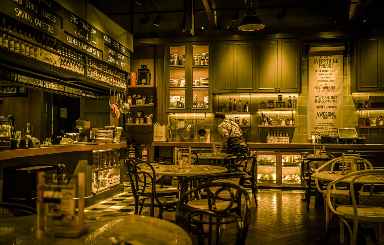 Photo wallpaper table, chair, cafe, restaurant, Dubai, UAE, district the palm Jumeirah